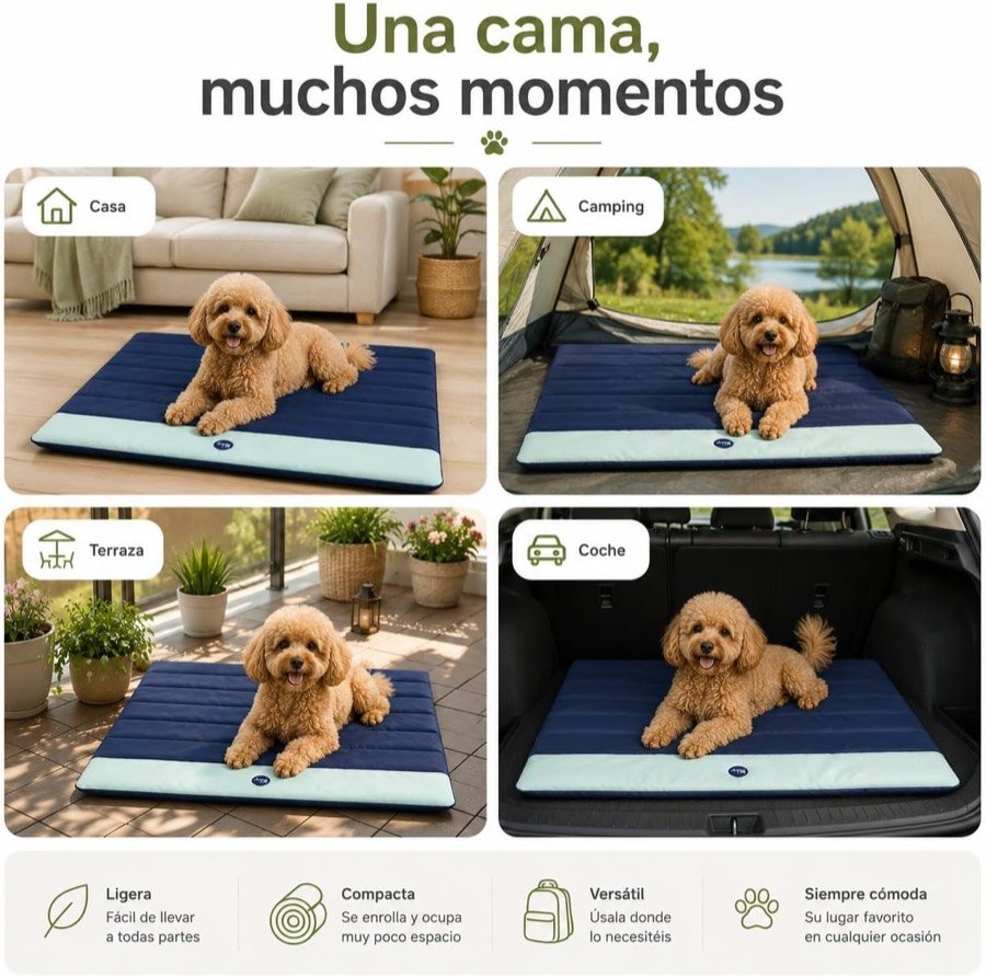 Ver imagen 6 de 6: La colchoneta Patihogar en un salón, en una tienda de campaña, en una terraza y en el maletero de un coche