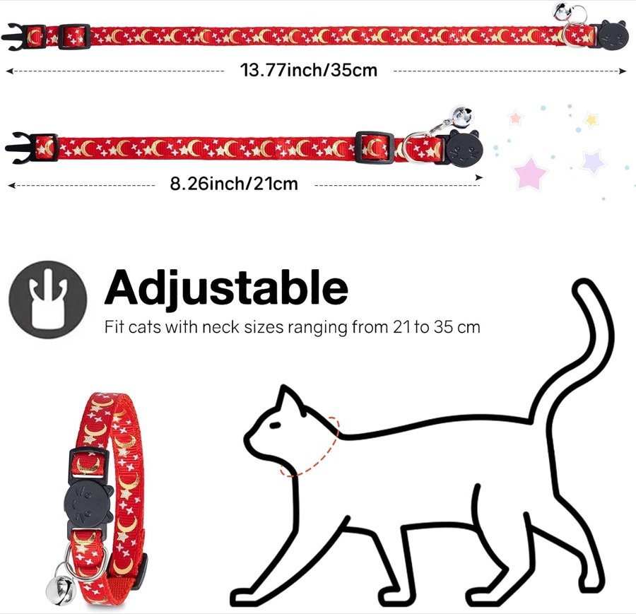 Ver imagen 3 de 6: El collar rojo extendido al máximo, 35 cm, y al mínimo, 21 cm, con la silueta de un gato marcando dónde se mide el cuello