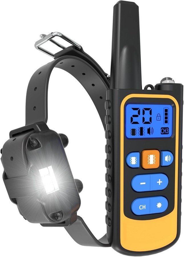 Collar de adiestramiento Meloive con su receptor iluminado por el LED y el mando naranja con pantalla