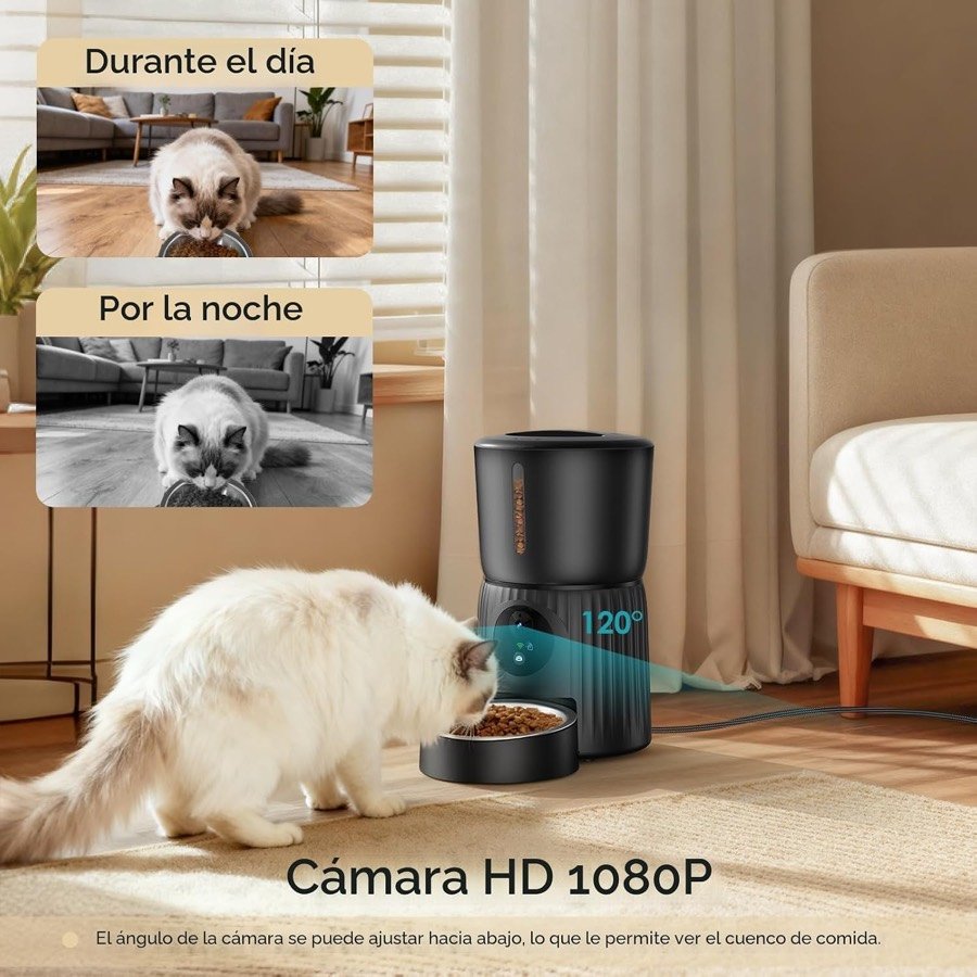 Ver imagen 2 de 6: Gato comiendo frente al comedero Faroro y capturas de su cámara 1080p de día y con visión nocturna