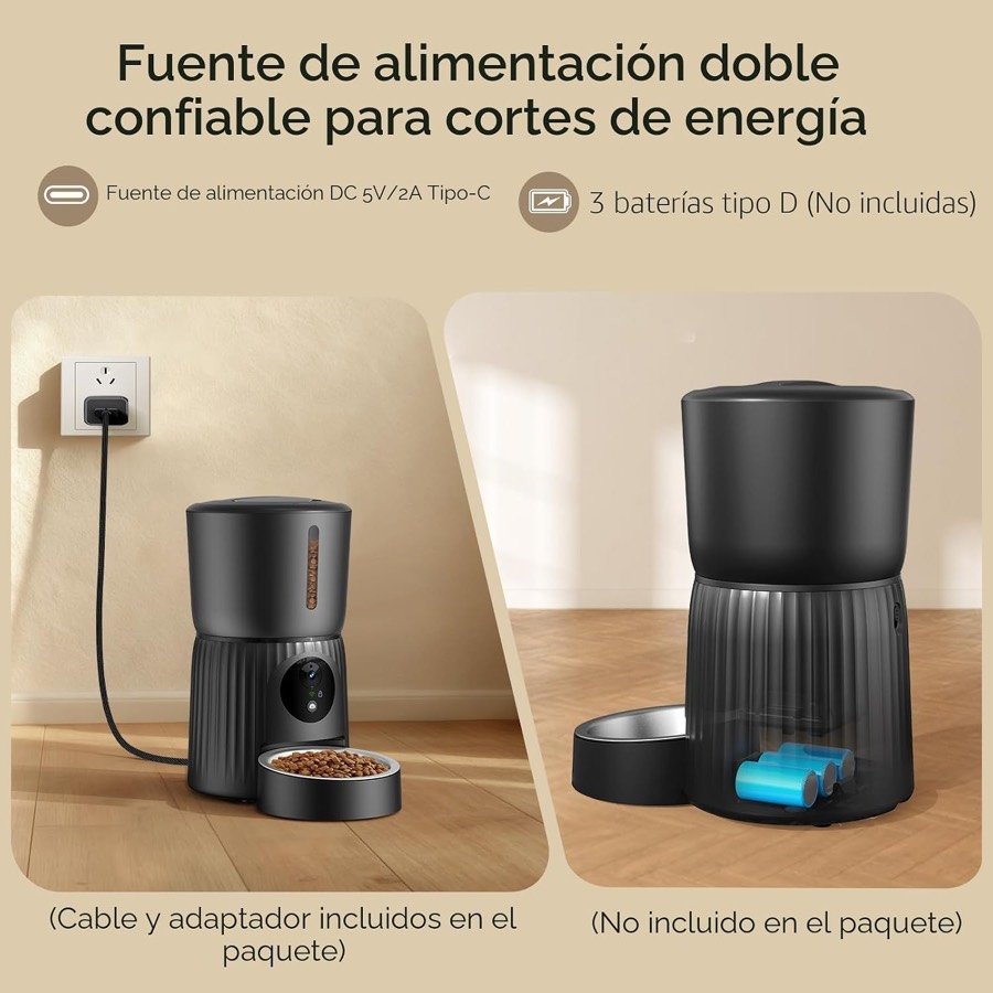Ver imagen 4 de 6: Doble alimentación del comedero Faroro: cable USB-C con adaptador incluido y respaldo de tres pilas D no incluidas