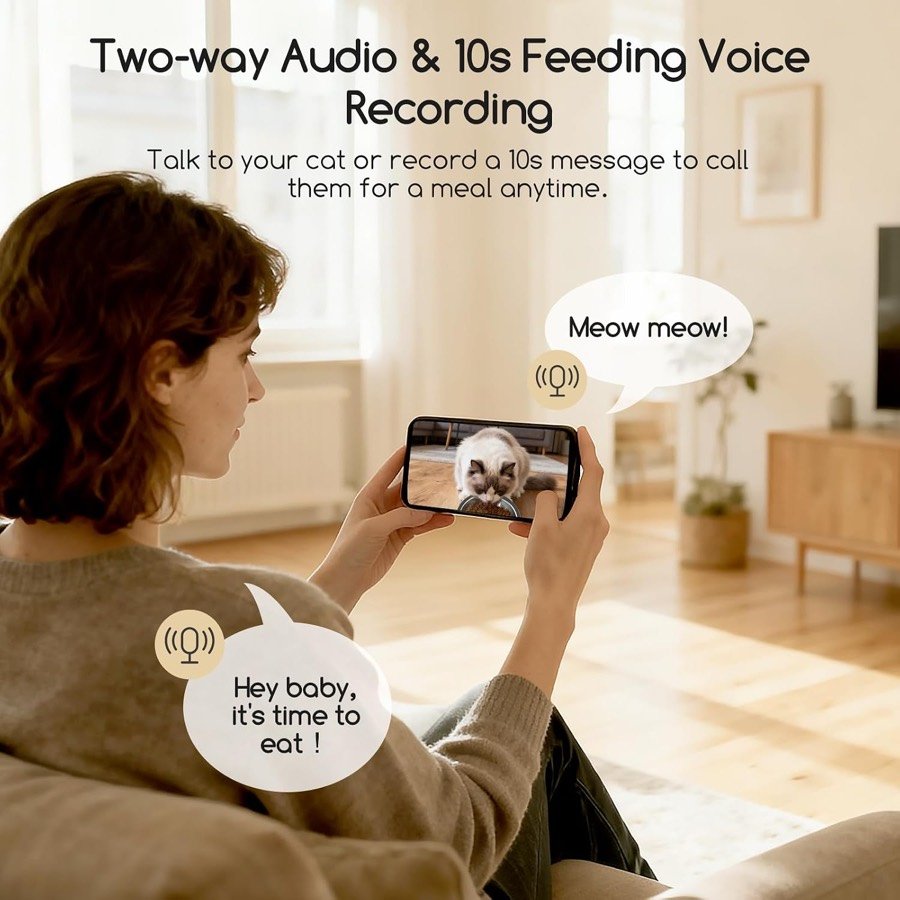 Ver imagen 5 de 6: Mujer hablando a su gato por el móvil gracias al audio bidireccional y la grabación de llamada de 10 segundos del comedero