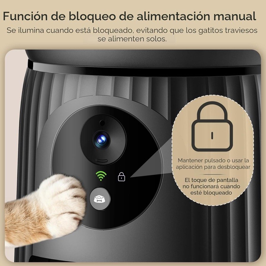 Ver imagen 6 de 6: Pata de gato junto al botón frontal del comedero Faroro y el bloqueo que impide que se sirva comida solo
