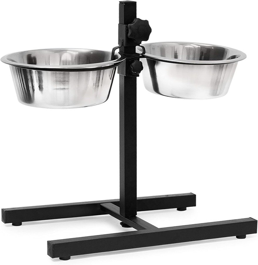 Comedero elevado Relaxdays con sus dos cuencos de acero sobre el soporte negro regulable