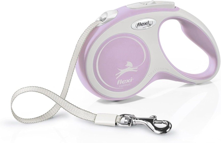 Correa extensible flexi Comfort en rosa claro y beige con la cinta plana desplegada y el mosquetón cromado