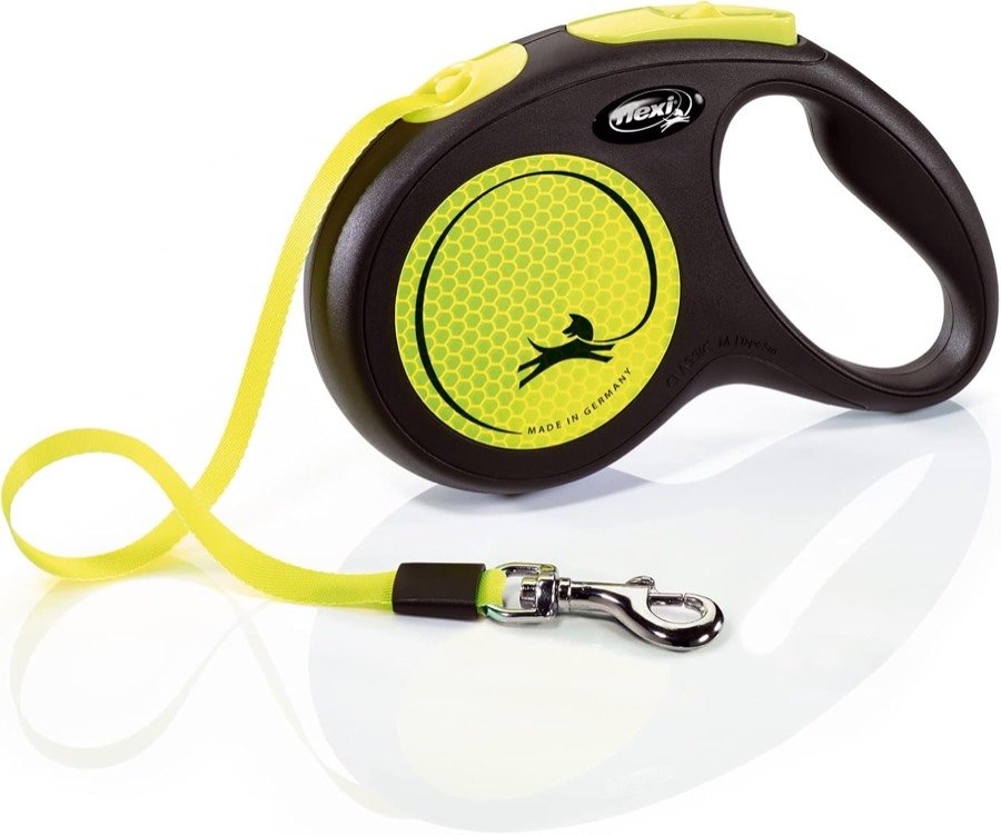 Correa extensible flexi Neon negra con disco y cinta amarillo fluorescente, desplegada en bucle