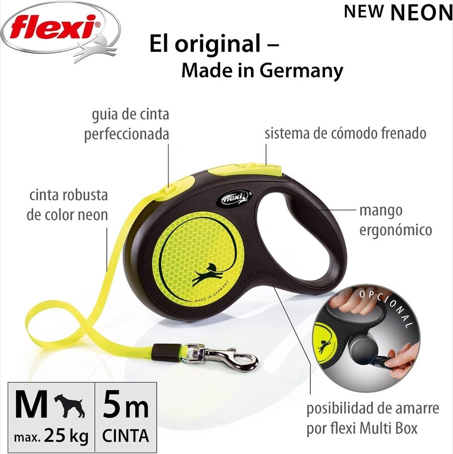 Ver imagen 2 de 6: Infografía de la flexi Neon señalando la guía de cinta perfeccionada, el sistema de frenado, el mango ergonómico y la talla M de 5 m para 25 kg