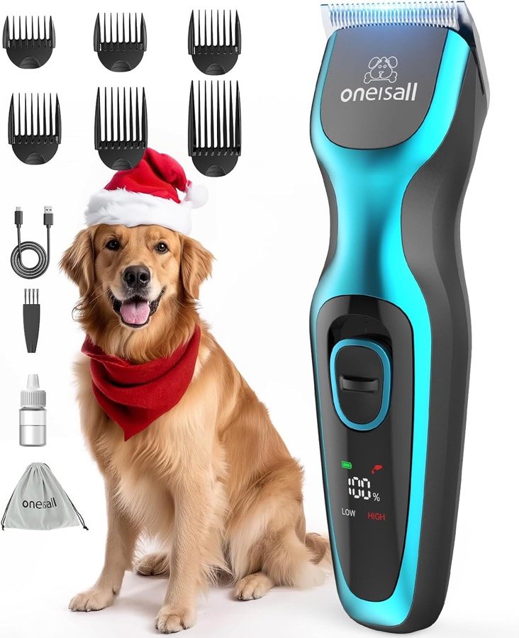 Cortapelos oneisall DTJ azul con pantalla de batería, seis peines, cable, cepillo, aceite y funda, junto a un golden retriever
