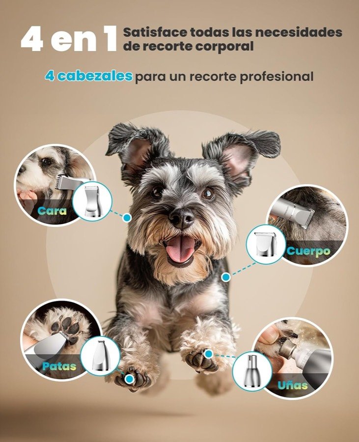Ver imagen 2 de 6: Perro pequeño con los cuatro cabezales del oneisall FC08 señalados para cara, cuerpo, patas y uñas