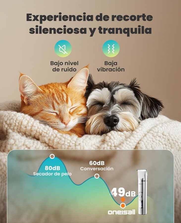 Ver imagen 4 de 6: Perro durmiendo y gráfico de ruido que sitúa el oneisall FC08 en 49 decibelios frente a un secador de pelo