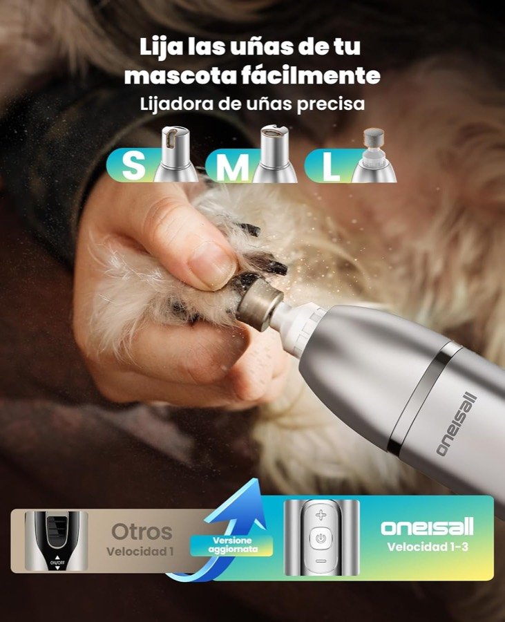 Ver imagen 6 de 6: Lijadora de uñas del kit oneisall puliendo la uña de un perro, con sus tres aberturas S, M y L