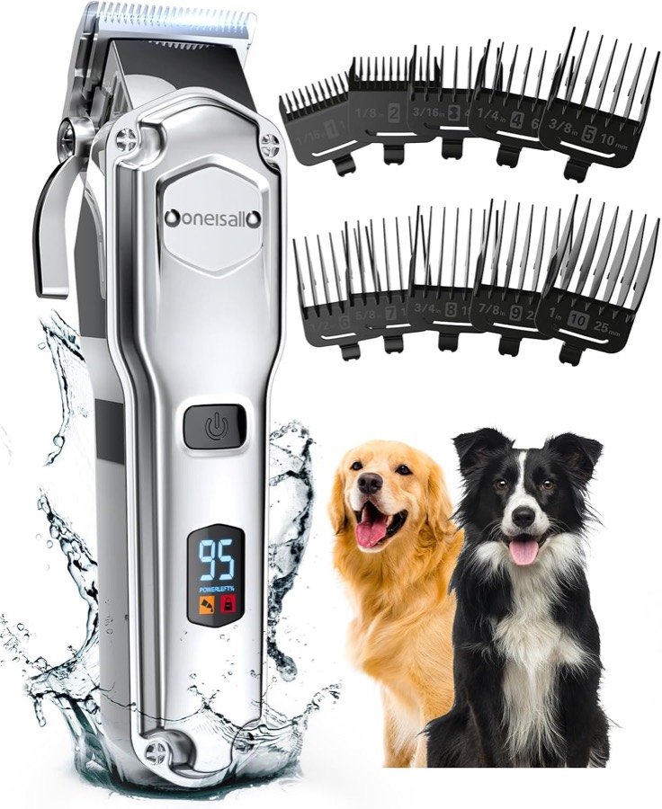 Cortapelos oneisall Premium RFC-676 plateado con pantalla, sus diez peines guía y dos perros