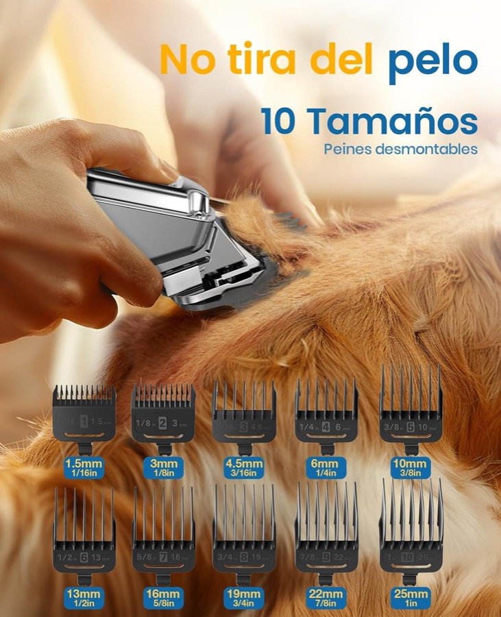 Ver imagen 3 de 6: Los diez peines del oneisall Premium, de 1,5 a 25 mm, junto al cortapelos sobre pelo largo