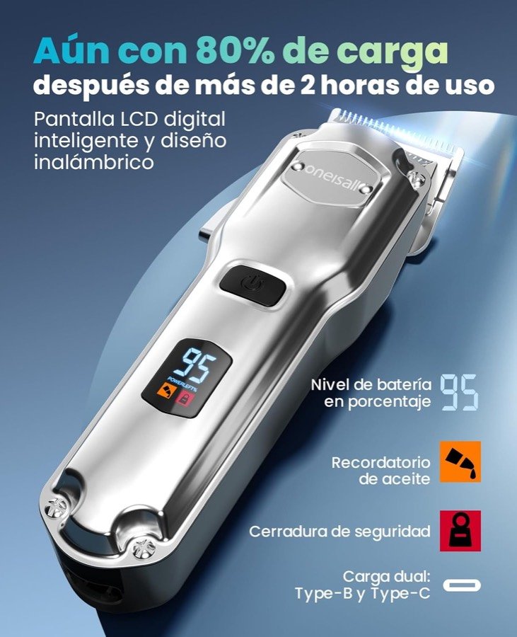 Ver imagen 6 de 6: Pantalla del oneisall Premium con el porcentaje de batería, aviso de aceite, bloqueo de seguridad y carga por USB
