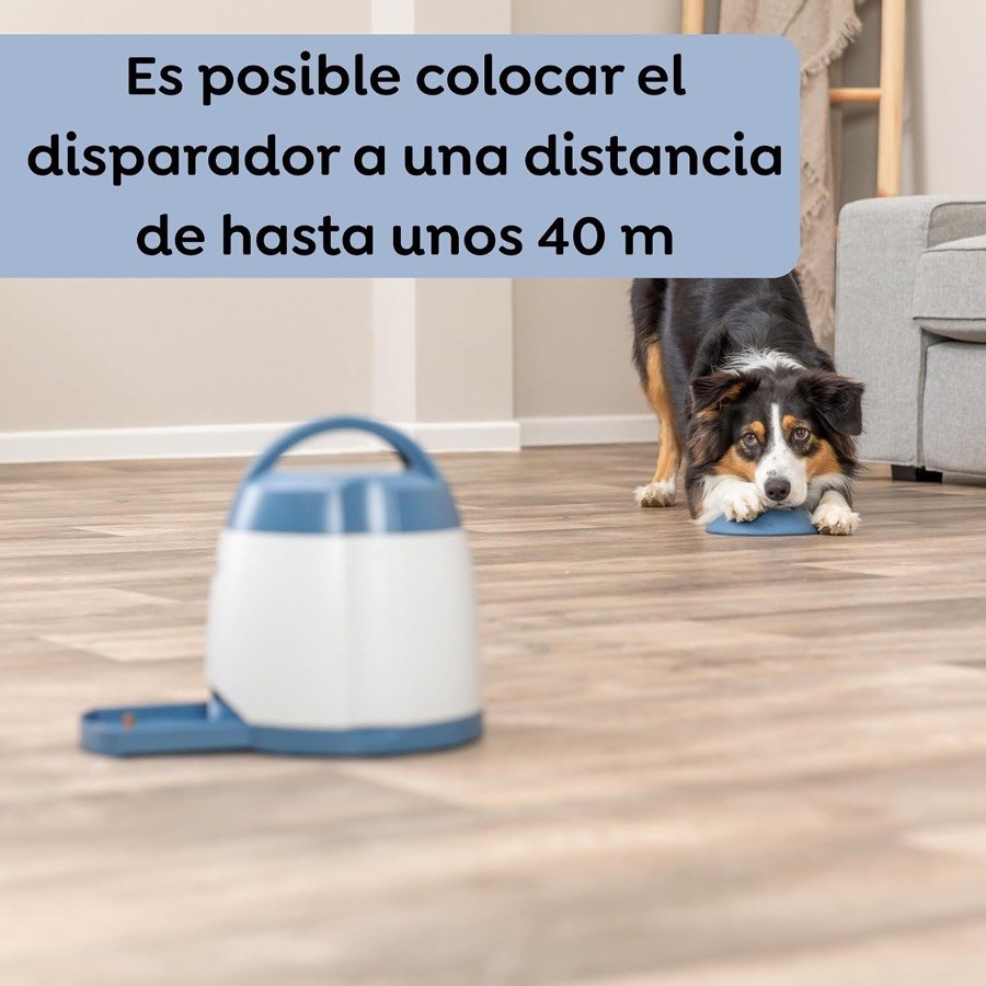 Ver imagen 5 de 6: Perro tumbado junto al disparador al fondo de la habitación, con el texto de que puede colocarse a unos 40 m