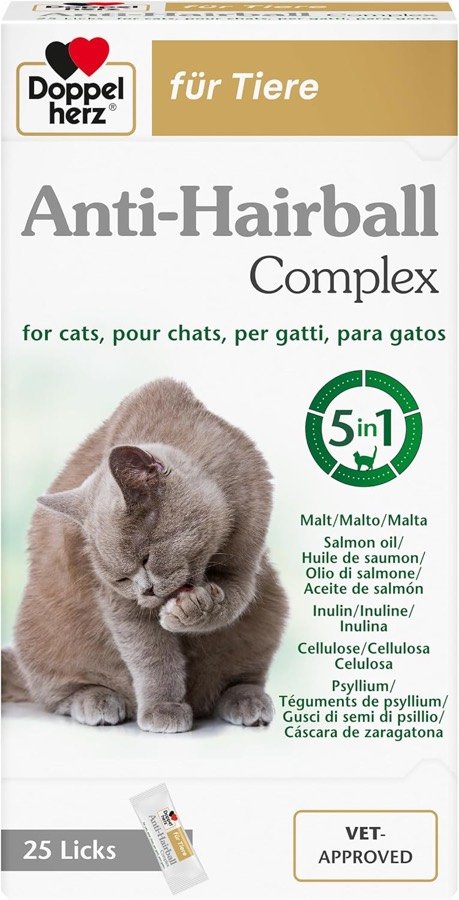 Caja beige de Doppelherz für Tiere Anti-Hairball Complex con un gato gris de pelo largo y el sello 5 en 1