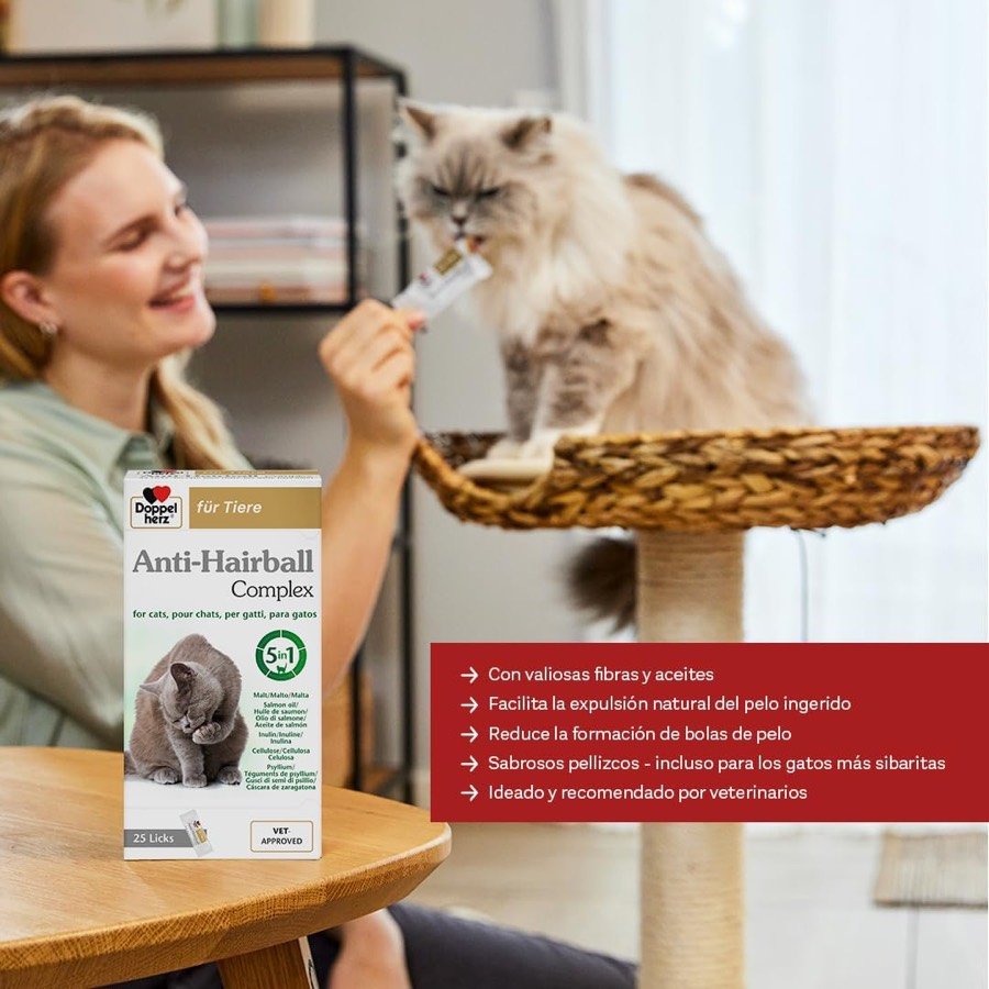 Ver imagen 2 de 6: Una mujer da a un gato de pelo largo un sobre de Doppelherz Anti-Hairball desde un rascador