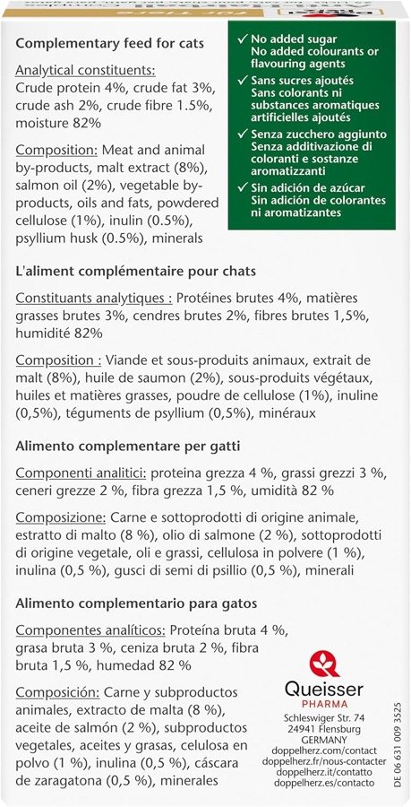 Ver imagen 4 de 6: Etiqueta del envase de Doppelherz Anti-Hairball con los constituyentes analíticos y la composición en varios idiomas