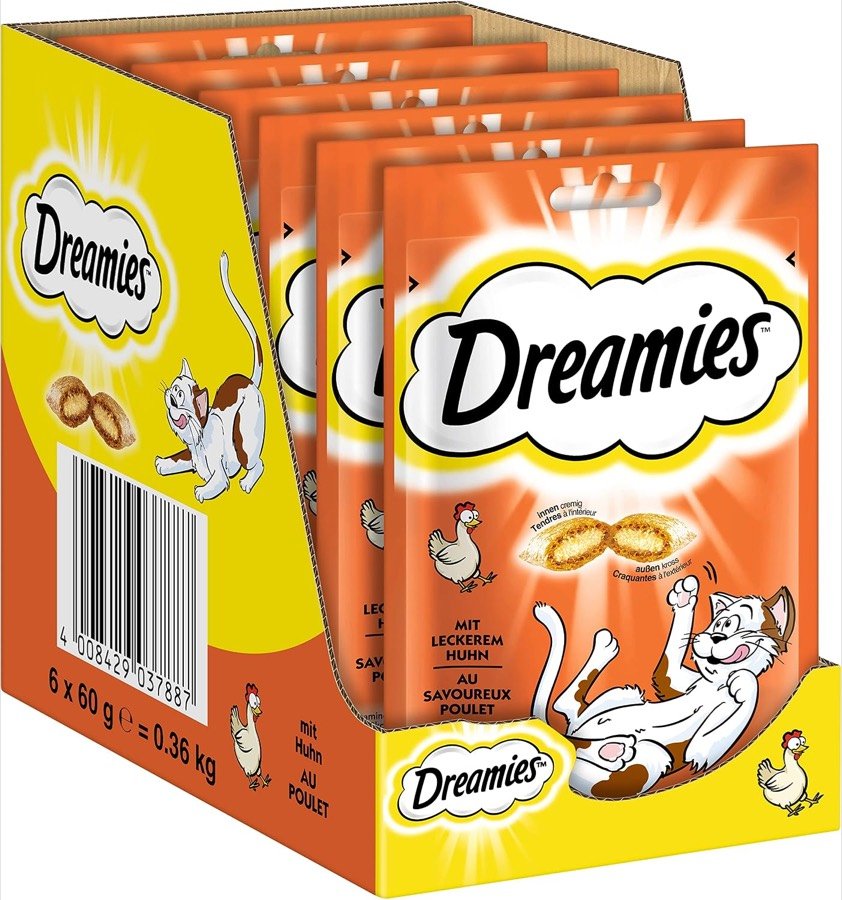Expositor con las seis bolsas de 60 gramos de Dreamies con pollo, 360 gramos en total