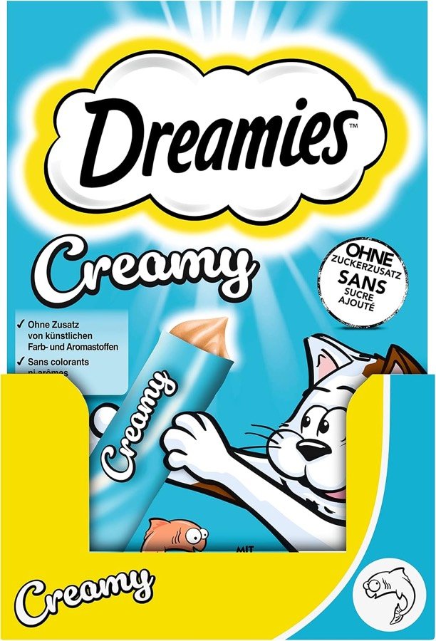 Caja amarilla y azul de Dreamies Creamy con el gato de la marca y el sello de sin azúcar ni colorantes añadidos