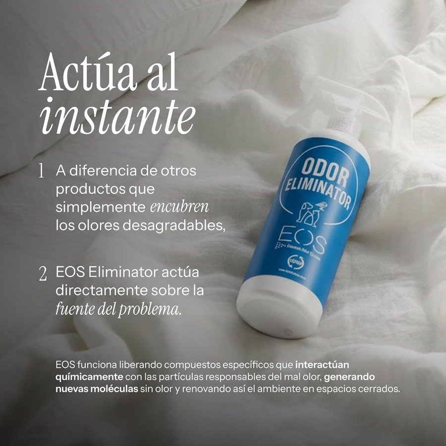 Ver imagen 3 de 6: Botella EOS sobre una manta con la explicación del fabricante de que actúa sobre la fuente del olor