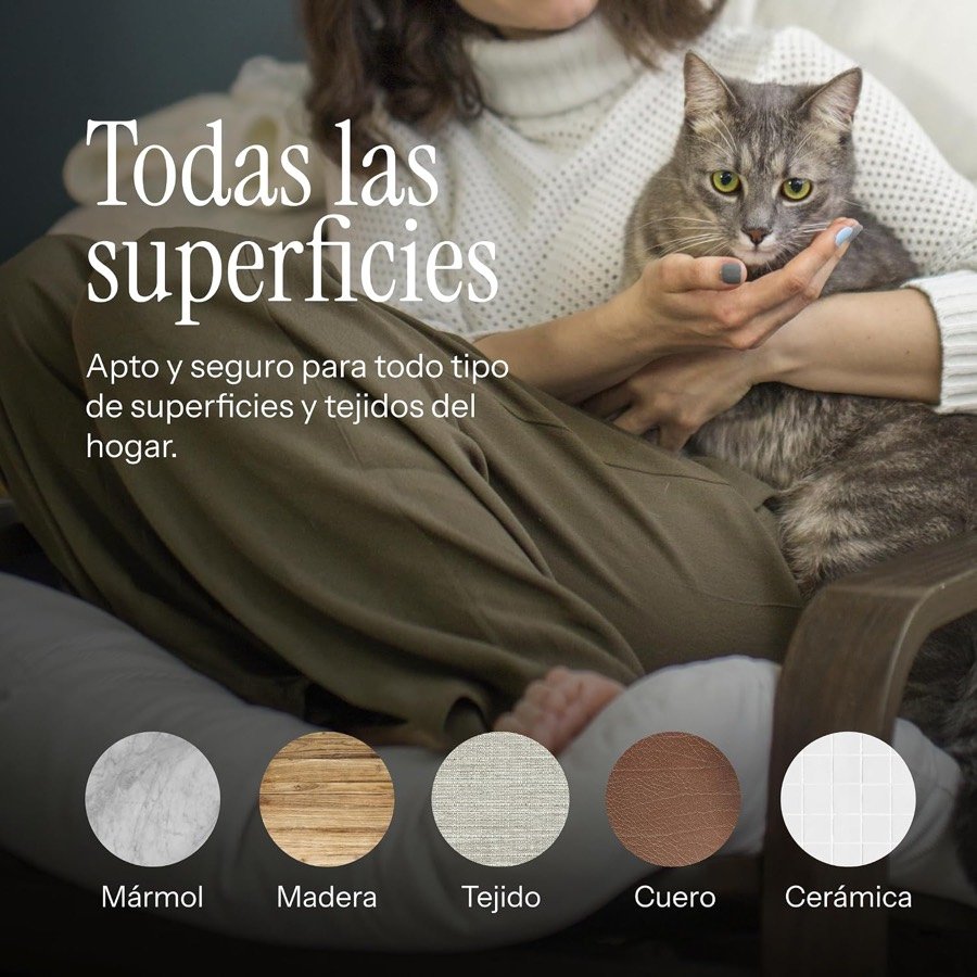 Ver imagen 4 de 6: Mujer con un gato en el regazo y las superficies en las que el fabricante permite usar EOS: mármol, madera, tejido, cuero y cerámica