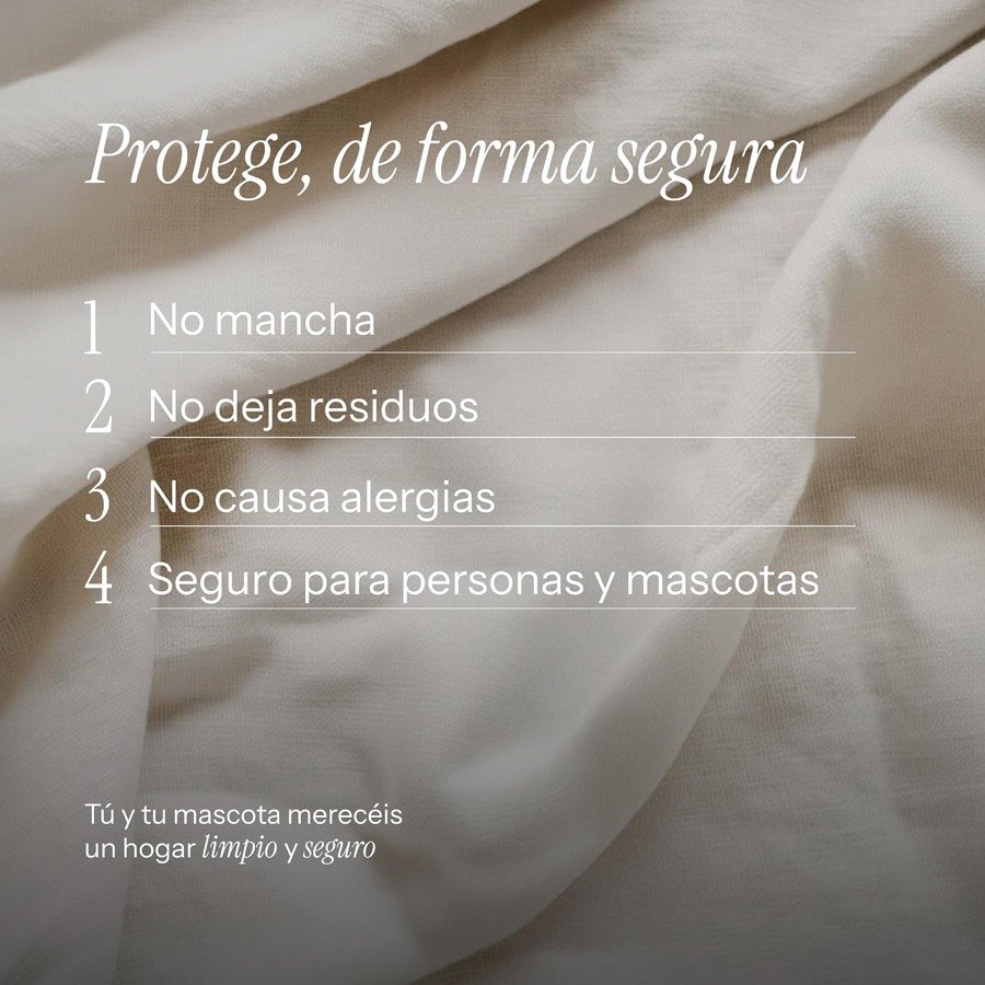 Ver imagen 5 de 6: Tejido blanco con las cuatro afirmaciones del fabricante: no mancha, no deja residuos, no causa alergias y es seguro para personas y mascotas