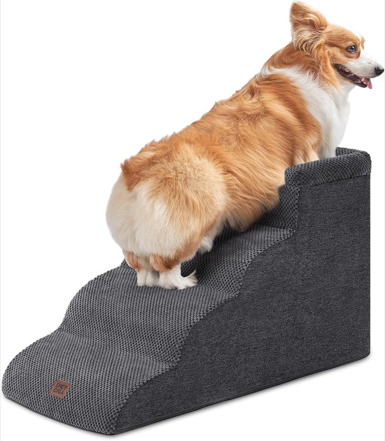 Corgi subiendo por la escalera de espuma EHEYCIGA gris de cuatro peldaños curvos