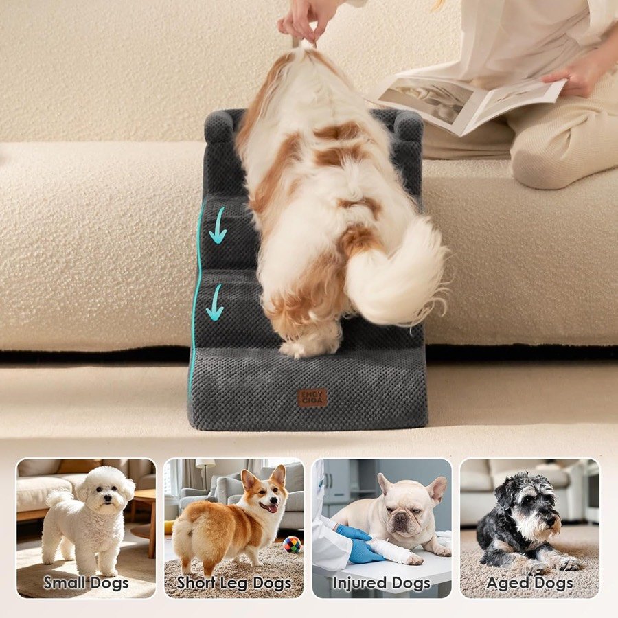 Ver imagen 4 de 6: Perro de pelo largo subiendo al sofá por la escalera EHEYCIGA, con miniaturas de perros pequeños, de patas cortas, lesionados y mayores