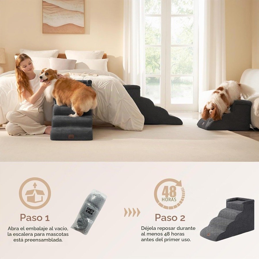 Ver imagen 5 de 6: Corgi subiendo a la cama por la escalera EHEYCIGA, con las instrucciones de abrir el envase al vacío y dejarla reposar 48 horas