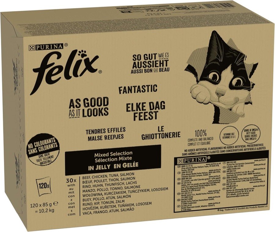 Caja de cartón kraft de 120 sobres de Felix Fantastic en gelatina, con el listado de sabores impreso