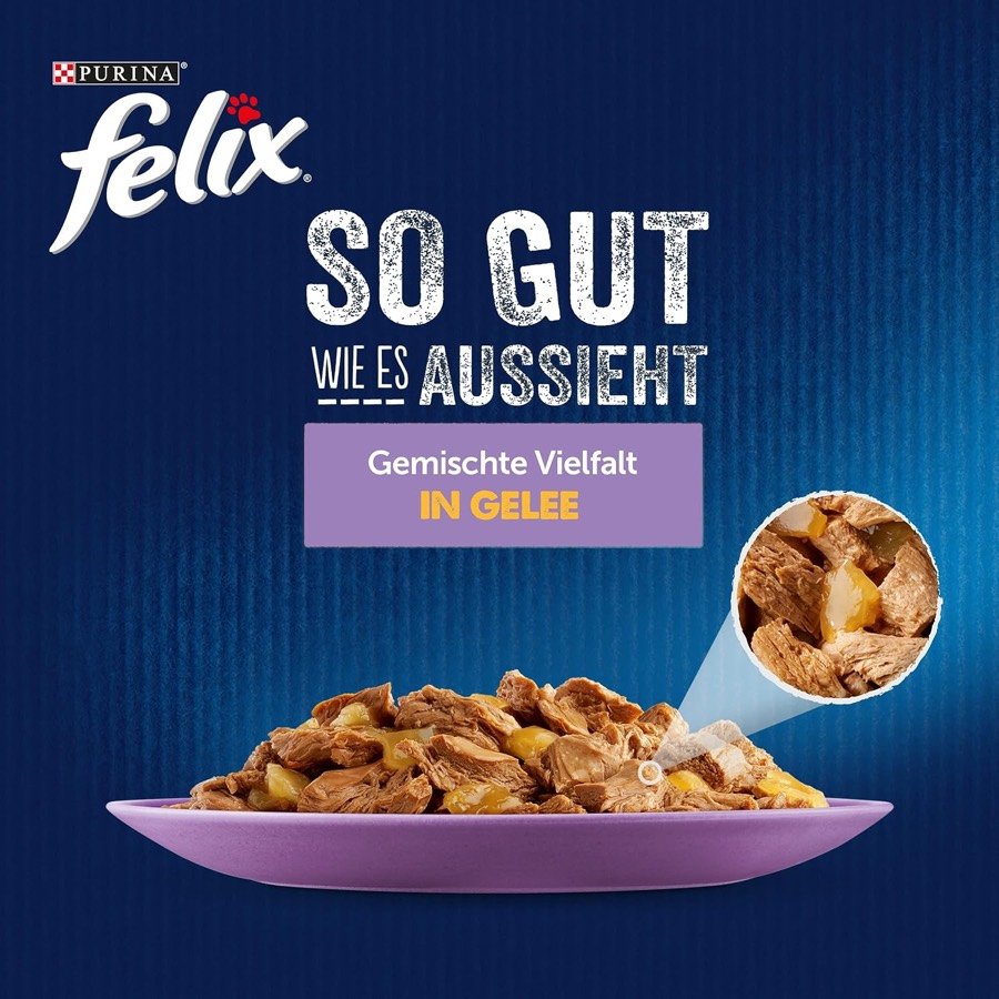 Ver imagen 3 de 6: Plato con trocitos de Felix Fantastic en gelatina y detalle ampliado de la textura