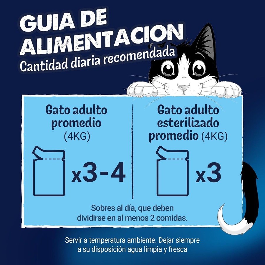 Ver imagen 6 de 6: Guía de alimentación de Felix: tres o cuatro sobres al día para un gato adulto de 4 kg y tres para uno esterilizado