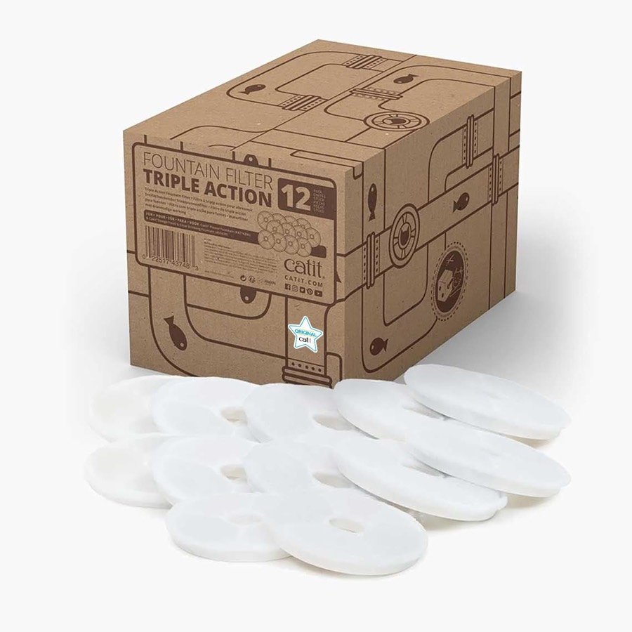 Caja de cartón de doce cartuchos de triple acción de Catit, con los filtros redondos blancos delante