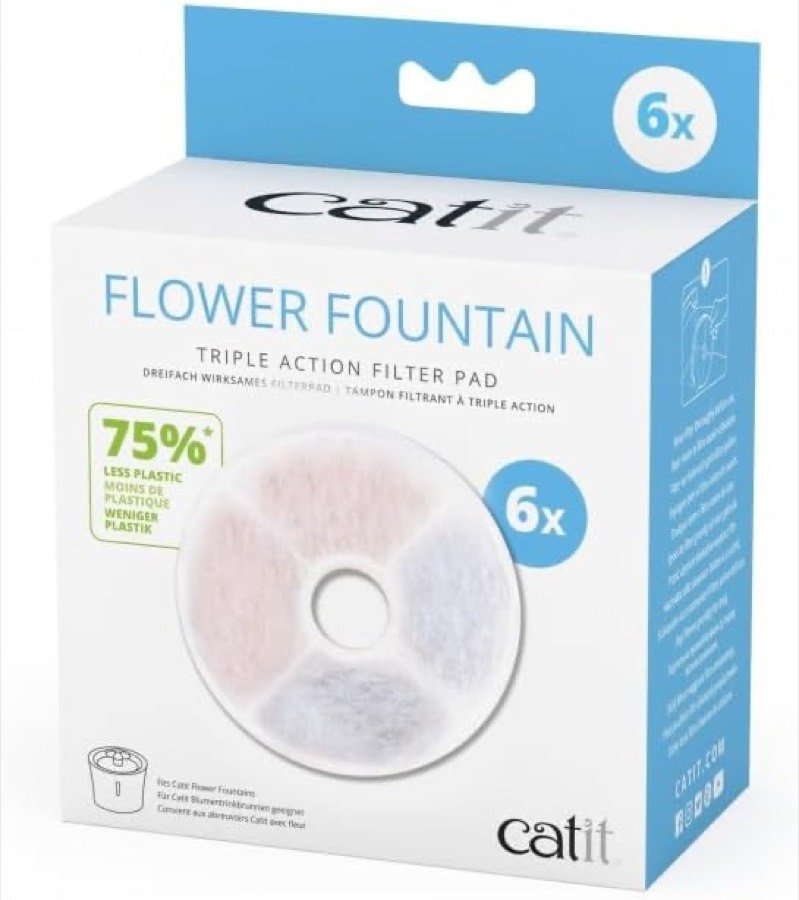 Caja de seis filtros de triple acción Catit Flower Fountain con el sello del 75 % menos de plástico