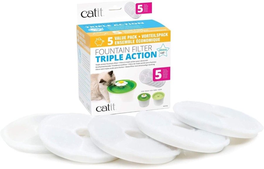Caja del pack de cinco cartuchos de triple acción de Catit, con los filtros redondos blancos delante