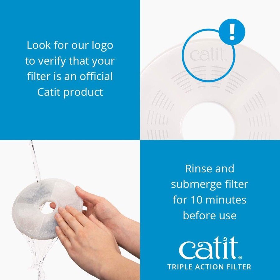 Ver imagen 4 de 5: Aviso del fabricante para comprobar el logotipo Catit del filtro y aclararlo diez minutos antes de usarlo