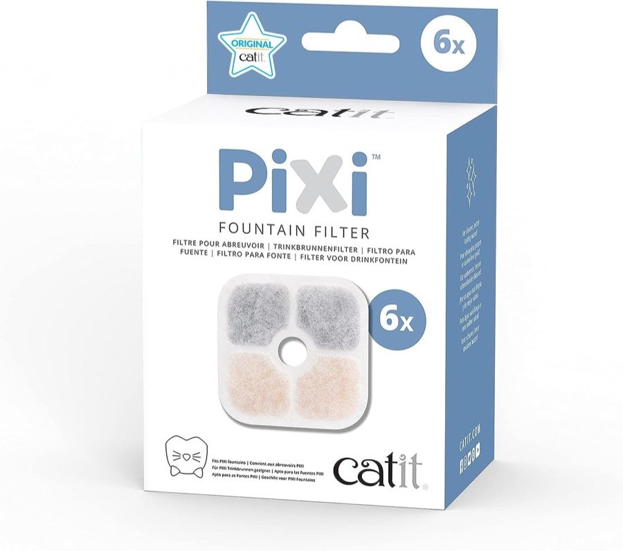 Caja de seis filtros Catit Pixi con un cartucho blanco en primer plano
