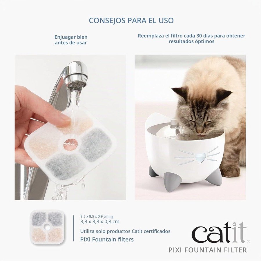 Ver imagen 4 de 5: Un gato bebiendo de la fuente Catit Pixi con el filtro colocado