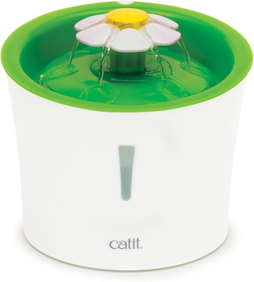 Fuente Catit Flower verde y blanca de 3 litros, con la flor central y la ventana vertical del nivel de agua