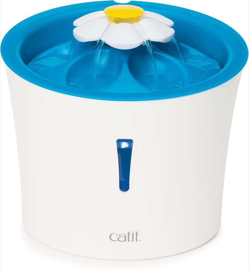Fuente Catit Flower LED azul y blanca con la flor central y la ventana vertical de nivel de agua iluminada