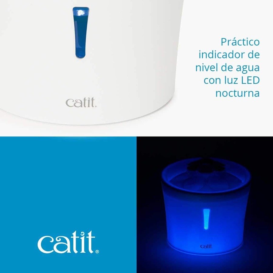 Ver imagen 3 de 6: La Catit Flower LED a oscuras, con el indicador de nivel iluminado en azul como luz nocturna