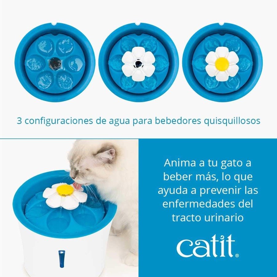 Ver imagen 5 de 6: Las tres configuraciones de caudal de la Catit Flower LED y un gato bebiendo del chorro