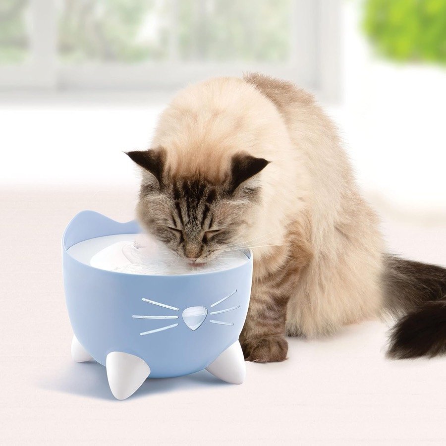 Ver imagen 3 de 6: Gato de pelo largo bebiendo del plato superior de la fuente Catit PIXI
