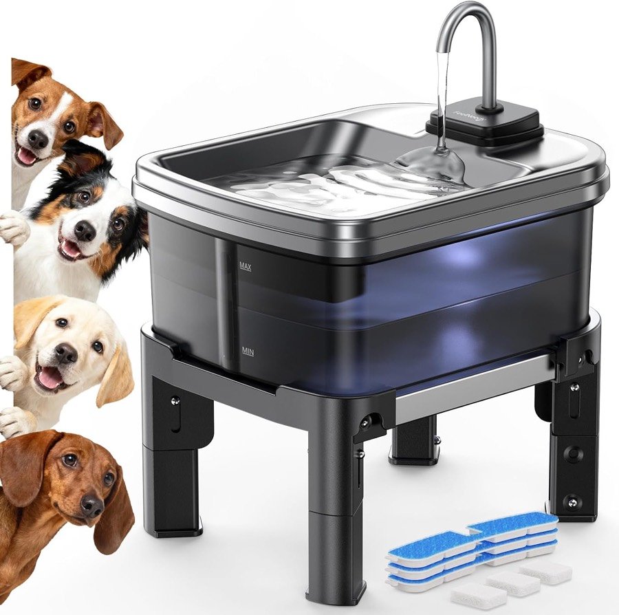 Fuente FEELNEEDY de 9 litros con grifo, depósito oscuro, bandeja de acero y soporte de patas, con sus filtros de recambio