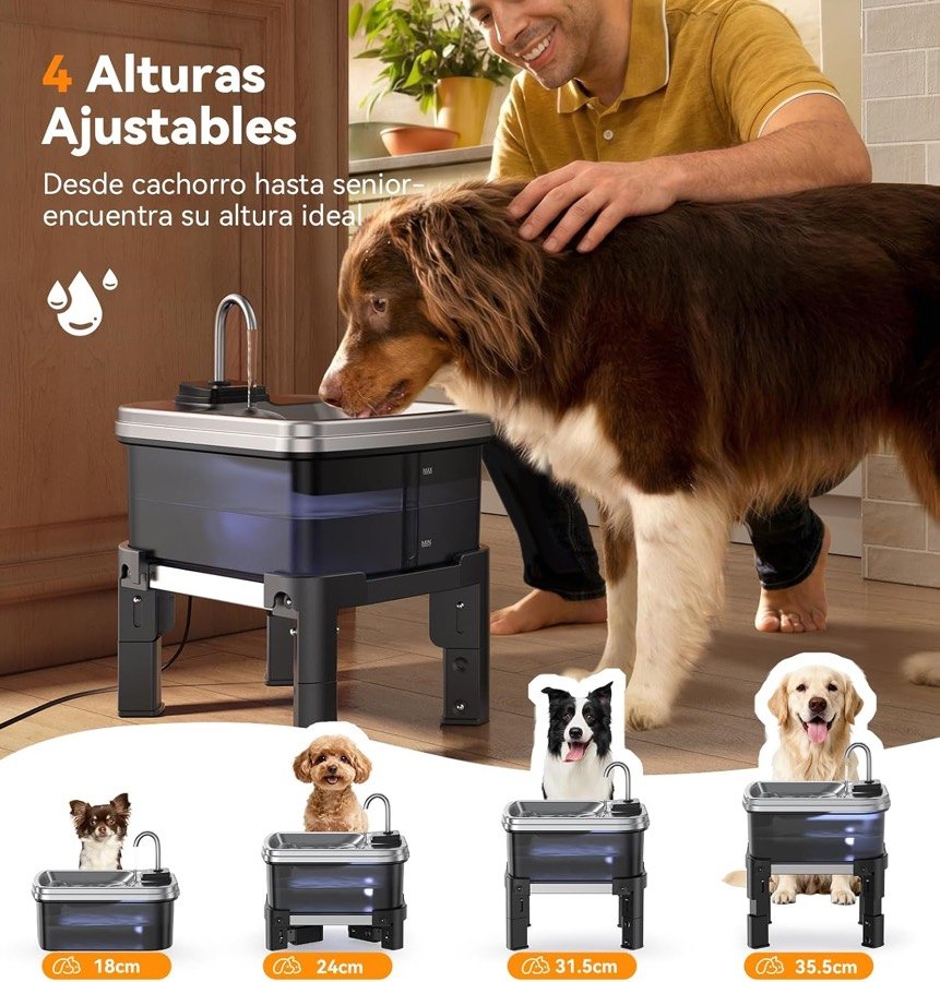 Ver imagen 2 de 6: Perro bebiendo de la fuente FEELNEEDY elevada y las alturas del soporte, de 18 a 35,5 cm según la imagen del fabricante