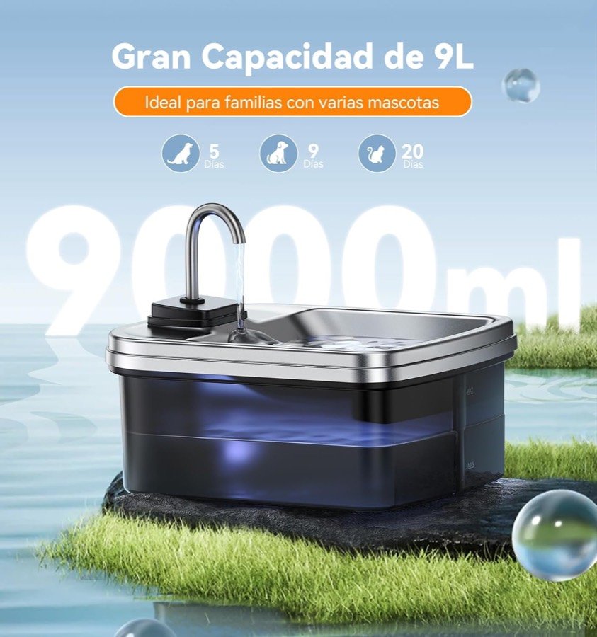 Ver imagen 3 de 6: Fuente FEELNEEDY con el rótulo de 9.000 ml de capacidad para hogares con varias mascotas
