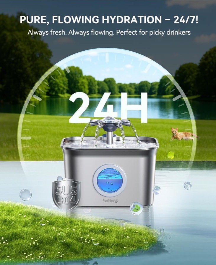 Ver imagen 3 de 6: La fuente FEELNEEDY sobre un fondo de paisaje con el reclamo de circulación de agua las 24 horas