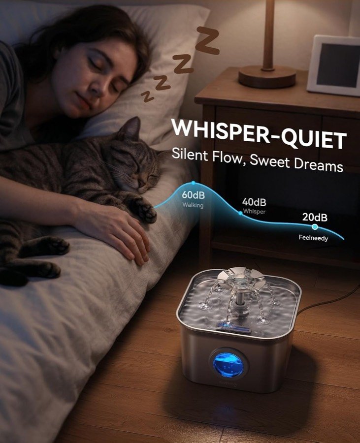 Ver imagen 5 de 6: La fuente FEELNEEDY junto a una cama, comparando sus 20 dB con los 40 de un susurro y los 60 de una nevera