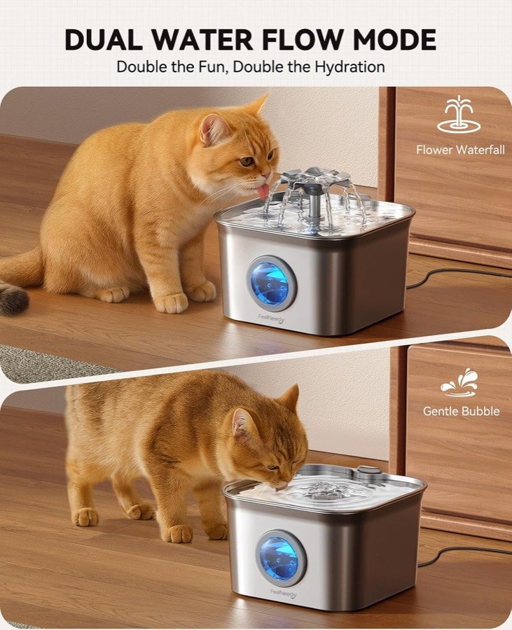 Ver imagen 6 de 6: Los dos modos de la FEELNEEDY: cascada de flor y burbuja suave, con un gato bebiendo de cada uno